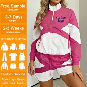 Custom Personalized Half Zip Stand Collar Pullover and Drawstring Waist Shorts Women’s Color Block Short Sets