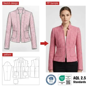 Custom Pink Tweed Open Front Blazer Women Mandarin Collar Tailored Boucle Jacket
