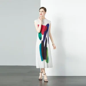 Custom Pleated Floral Chiffon Women’s Elegant Midi Sleeveless Casual Loose Ruched Natural Waist Dress