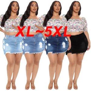 Custom Plus Size Denim Skirts High Waist High Quality Skinny Slim Fit Elastic Cropped Ripped Women’s Denim Skirts