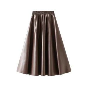 Custom Plus Size Elastic Waist Lady Pleated Long Skirt Solid Color Leather Skirts for Ladies Quality PU Black Skirts for Women