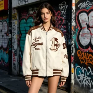 Custom Plus Size Women’s Smooth Faux Leather Winter Knitted Retro Crystal Embroidery High Street Bomber Jacket