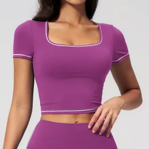 Custom Plus Sizes Square Neck Breathable Quick Dry Women’s Activewear Crop Top Yoga Gym Fitness Short Shirts FDX2036