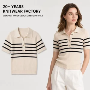 Custom Polo Collar Striped Women’s Pullover Knitwear Summer Short Womens Sweater Sleeve Loose Jumper for Women