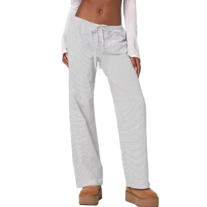 Custom Price Summer Flat Front Loose Fit Striped Pajama Pants for Women Low Rise Lounge Wear Cotton Polyester Quick Dry