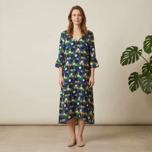 Custom Print Dress 100% Viscose Women’s V Neck 3/4 Flare Sleeve Midi Dress with Colorful Polka Dot Print Casual Office Wear