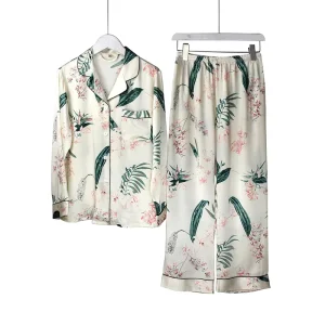 Custom Printed Pyjamas Women Sleepwear Satin Silk Lingerie Two pieces Pure Silk Sleepwear