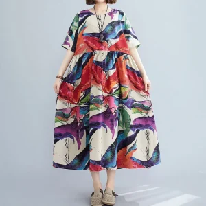 Custom Printed Women’s Linen Clothing Summer Loose Robe En Lin Elegant Plus Size Half Sleeve Long Floral Women 100% Linen Dres