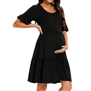 Custom Prints Women High Waist Loose Maternity Casual Dress Ruffle Short Sleeves Tiered Hem Summer Daily Pregnancy Wear