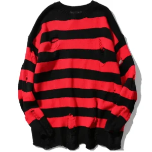 Custom Pullover Halloween Sweater Black and Red Striped Women’s Distressed Striped Goth Sweater