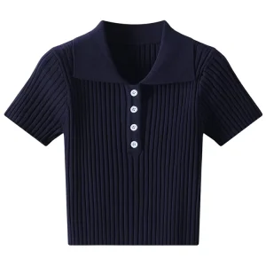 Custom Purple Ribbed Knit Sweater Polo Neck Tops Short Sleeve Women’s Summer Knitwear