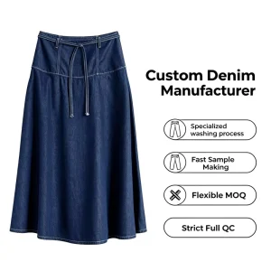 Custom Raw Dark Indigo Self Tie Belt High Waist Flared A Line Midi Women’s Denim Skirt Minimalist Daily Long Denim Skirt