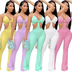 Custom Ribbed Cut Out Workout Long Jumpsuits Women Solid Strap Active Wear Workout Slim One Piece Streetwear Outfit