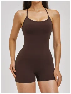 Custom Romper Jumpsuit Fitness Yoga One Piece Sports Workout Breathable V Cut Crossed Backside Adjustable Straps Athletic