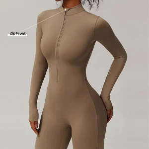 Custom Sample Nylon Quick Dry Long Sleeve Zipper Workout Jackets Rompers Women’s Jumpsuits Plays Bodysuits