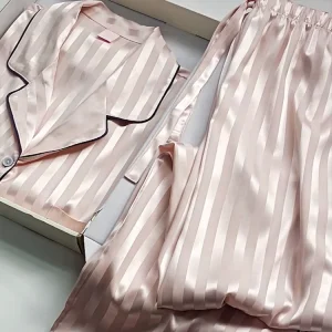 Custom Satin Pajamas Sets Pyjamas Femmes Home Comfortable Blank Stripe Silk Pajamas Women Sleepwear