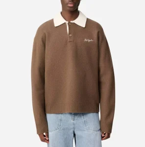 Custom Script Embroidery Wool Blend Men Polo Neck Jumper Scandi Style Camel White Long Sleeve Autumn Winter Bulk Buy Knitwear