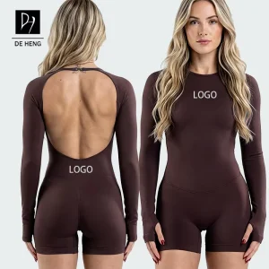 Custom Seamless Adjustable Long Sleeves Yoga Fitness Women Backless Jumpsuit Sports One Piece Gym Scrunch Bodysuits