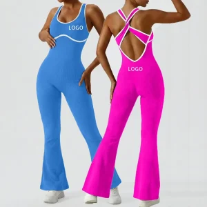 Custom Seamless Full Length Flared Pants Backless Jumpsuit Color Blocking Tummy Control Sports Yoga Bodysuit