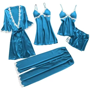 Custom Sexy Pajamas Plus Size Silk Women Sleepwear Robes 5 Set Satin Robe