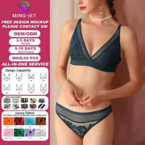 Custom Sexy Women’s Seamless Everyday Underwear Set Push Up Ultra Thin Wireless Hollow Out Floral Lace Bra Set Plain Dyed