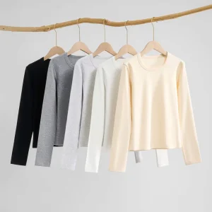 Custom Simple Design Winter Spring Long Sleeve Cotton Crop Top Plain Blank Warm Fleece Long Sleeve T shirts For Women
