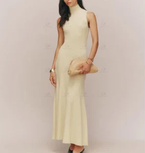 Custom Slim Fit Maxi 100% Pure Cashmere Dress Women Elegant Party Long Ribbed Knit Turtleneck Wool Cashmere Dress Manufacturer