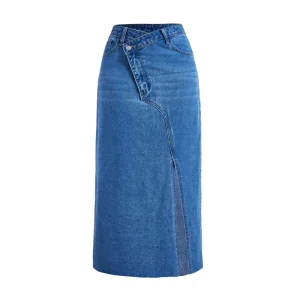 Custom Slit Hem Plus Size Washed Maxi Denim Long Skirts for Women High Waist Split Women’s Denim Skirt
