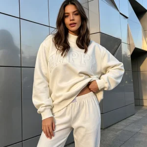 Custom Soft Cotton Fleece Mock Neck Pullover Sweatshirt Women Patch Embroidery Casual Streetwear Tops