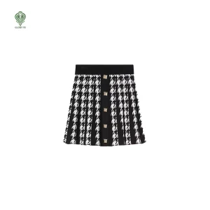 Custom Soft Metallic Button Houndstooth Pleated Short Knitwear Skirt Ladies Jacquard Cotton Knit Women’s Sweater Skirt
