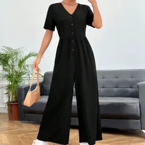 Custom Solid Black Linen Jumpsuit for Ladies High Waist Button-up V-Neck Style Casual Fitness Summer Look