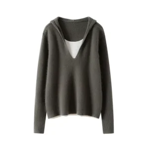 Custom Solid Cashmere Hoodies Inner Mongolia Cashmere Pullover Women’s Wool Knitwear Two piece Design