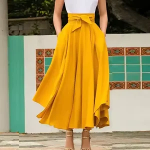 Custom Solid Color Bow Belt Pleated Skirt High Waist Elegant Women’s Skirt