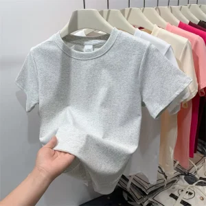 Custom Solid Color Plain Cotton T-shirts Baby Tee Crop Top Basic Casual Blank Cropped Tee Women’s