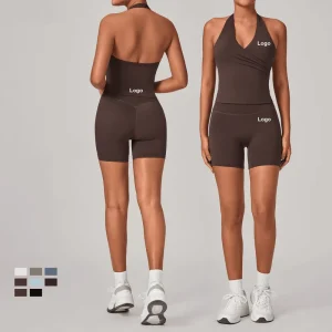 Custom Sportswear Women’s High Waist Shorts and Fitness Bra Peach Lift Hip 2 Piece Gym Yoga Set for Pilates Outfit