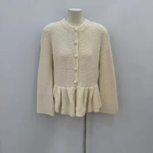 Custom Spring Autumn Beige Crew Neck Long Sleeved Rib Knit Cardigan Sweater for Women Knitwear Manufacturer’s Collection