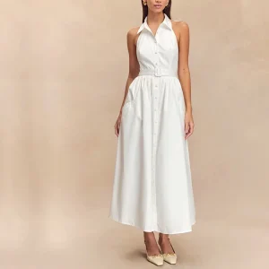 Custom Spring Halter Maxi Dress Backless Off Shoulder Long Dress with Notched Collar OEM ODM by China Clothing Factory