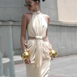 Custom Spring Summer Women’s Apricot Hollow Out Detail Sleeveless Slim Fit Dress Perfect for Party and Vacation