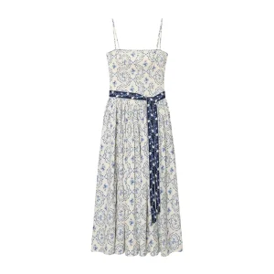 Custom Spring Tie Belt Print Dress Spaghetti Strap Backless Off Shoulder Vintage Casual Midi Dress OEM ODM Factory