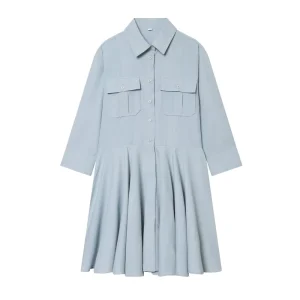 Custom Spring Women’s Lapel Long Sleeve Shirt Dress Vintage European Style Pleated Collar Midi Dress OEM by China Factory