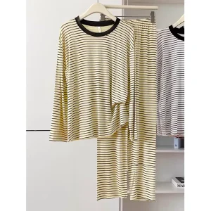 Custom Striped Crewneck Pant Set Long Sleeve Women’s Pyjamas 2 Piece Pajama Set Women Eco Friendly Cotton Jersey Night Wear