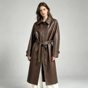 Custom Stylish Autumn Women’s Genuine Sheepskin Trench Coat Waist Belt Windproof Long Style Knee Length Leather Coat