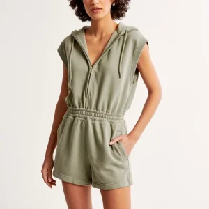 Custom Summer Sleeveless Elastic Waist Short Jumpsuit Casual Sport Women’s Hooded Fleece Romper