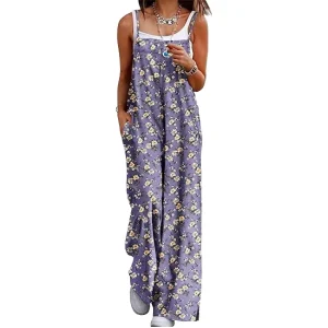 Custom Summer Sleeveless Jumpsuit for Women Casual Flower Print Long Pants Vintage Rompers Adjustable Shoulder Strap Factory