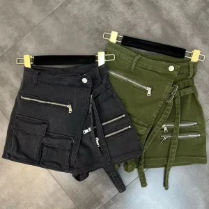 Custom Summer Women’s Cargo Short Mini Pencil High Waist Knit Asymmetry Skirt with Pockets, Vintage Midi, Elegant