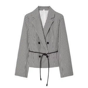 Custom Summer Women’s Classic Plaid Belted Blazer European Style Office Jacket OEM ODM China Clothing Factory Formal Coat