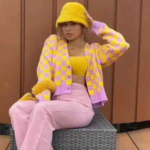 Custom Summer Women’s Plaid Sweater Cardigan Designer Oversize Knitted Checkered Cardigan Sweater for Women