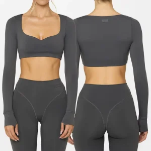 Custom Sweetheart Neck Yoga Set Women V Contour Waist Leggings Long Sleeve Thumbhole Crop Top 2 Piece Activewear Suit