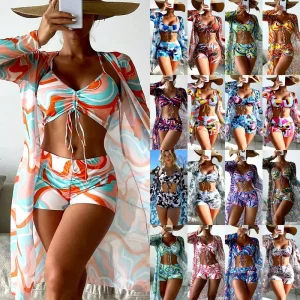 Custom Swimsuit Women Split Swimwear High Waist Long Sleeved Drawstring 3 Piece Set Bikini Dress Beach Cover up