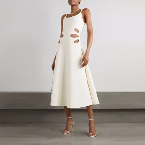 Custom Trendy Cutout Twill Midi Dress Branded Design Straps Women’s Elegant Long Casual Dress for Girls